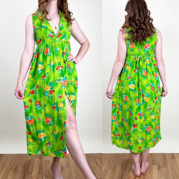 Vintage Dresses & Skirts - Vintage USA Button Down Floral Midi Dress Boho Slip Hippie Tropical White Lotus